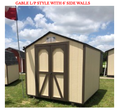 Gable low profile style shed with 6 foot side walls — cream with dark trim